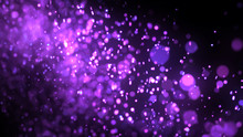 Bright Purple Bokeh Lights Abstract Background. Flying Violet Particles Or Dust. Vivid Lightning. Merry Christmas Design. Blurred Light Dots. Can Use As Cover, Banner, Postcard, Flyer.