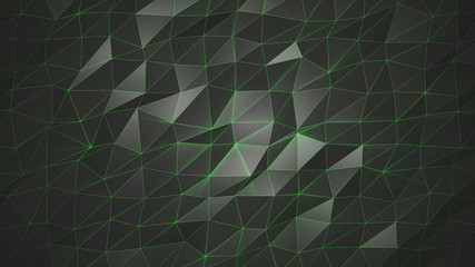 Low poly black triangular background.Dark mosaic segments lowpolygonal background. Glowing green neon lines. New year 2020