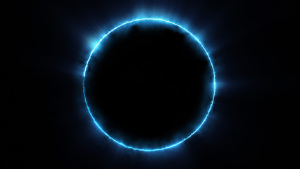 template for text : blue neon glowing glare circle with rays. frame isolated on black background