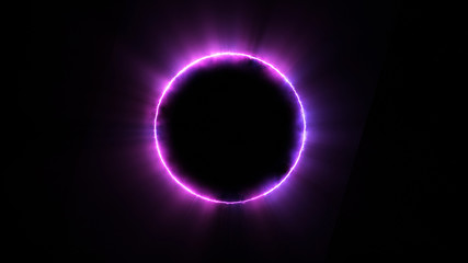 template for text : blue and purple neon glowing glare circle with rays. frame isolated on black bac