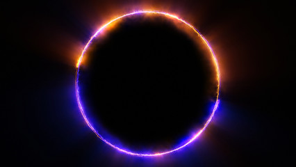 Wall Mural - template for text : blue and orange neon glowing glare circle with rays. frame isolated on black bac