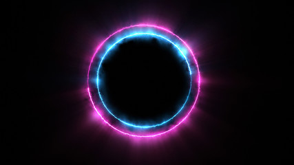 Wall Mural - template for text : blue and pink neon glowing glare circle with rays. frame isolated on black backg