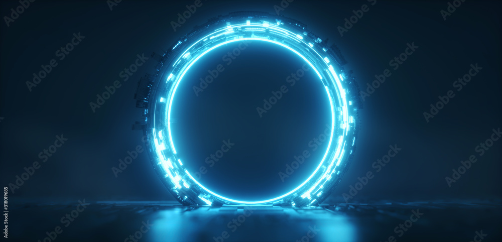 Futuristic blue glowing neon round portal. Sci fi metal construction. - obrazy, fototapety, plakaty 