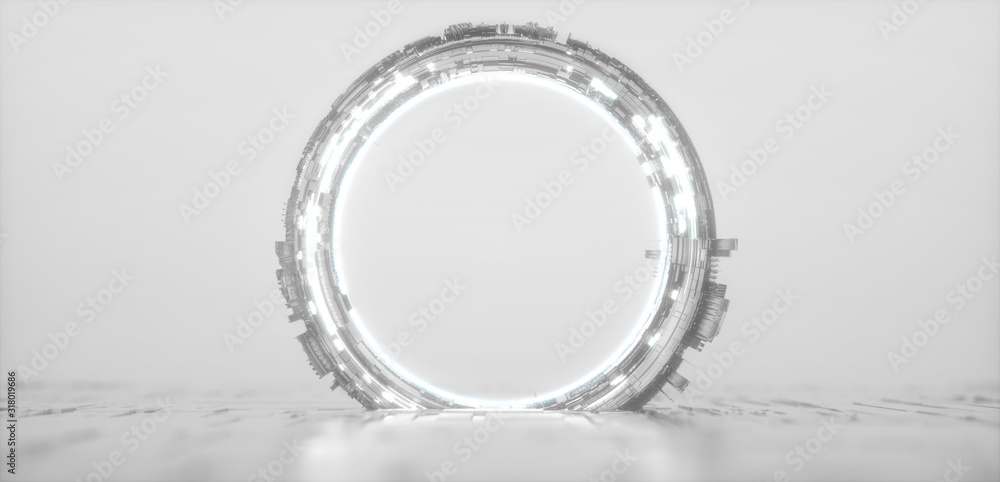 Futuristic white glowing neon round portal. Sci fi silver metal construction. - obrazy, fototapety, plakaty 