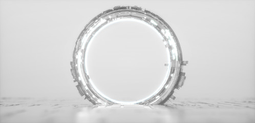 Sticker - futuristic white glowing neon round portal. sci fi silver metal construction.