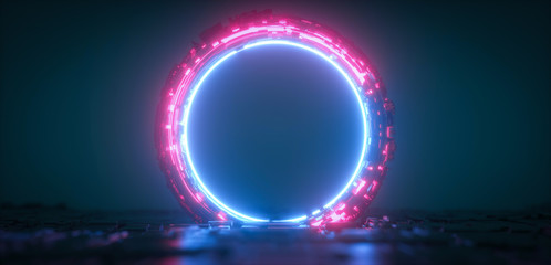 Wall Mural - Futuristic blue and red glowing neon round portal. Sci fi metal construction.