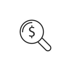 Magnifier glass with money icon in flat style. Dollar search vector illustration on white isolated background. Financial currency business concept.