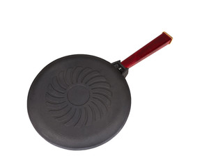 Inverted cast iron frying pan on white background.