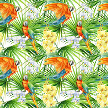 Tropical Palm Leaves, Orchid Flowers, Macaw Parrot On An Isolated White Background, Watercolor Illustration, Wallpaper, Seamless Pattern