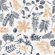Spring Trees In Flowers Seamless Pattern. Hand Drawn Blooming Plant Background. Vintage Flower, Leaf, Branch, Tree Sketches Backdrop. Spring Banner, Wrapping Paper, Textile, Fabric.