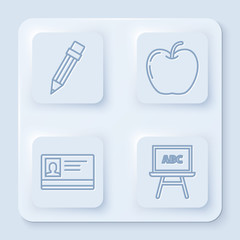 Sticker - Set line Pencil with eraser, Apple, Identification badge and Chalkboard. White square button. Vector