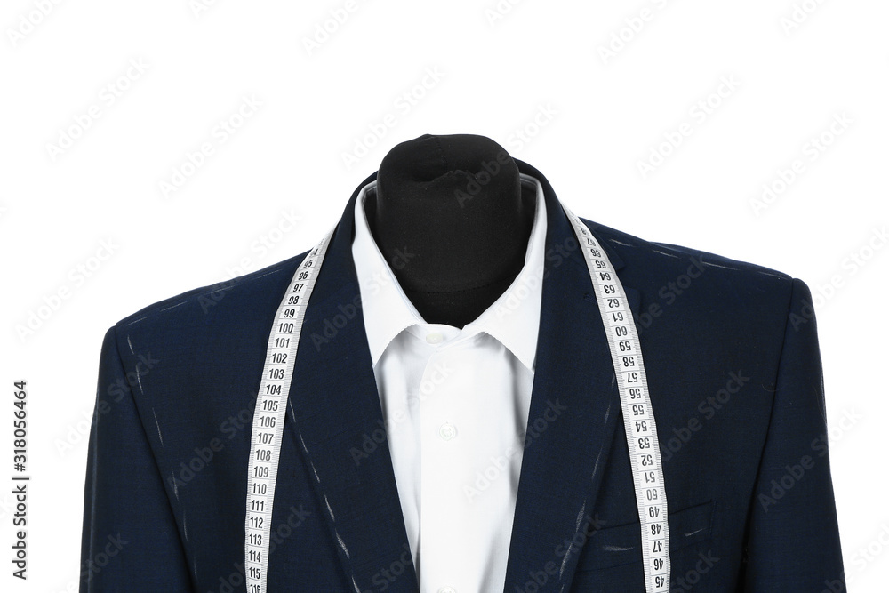 Tailor's mannequin with unfinished clothes and measuring tape on white background