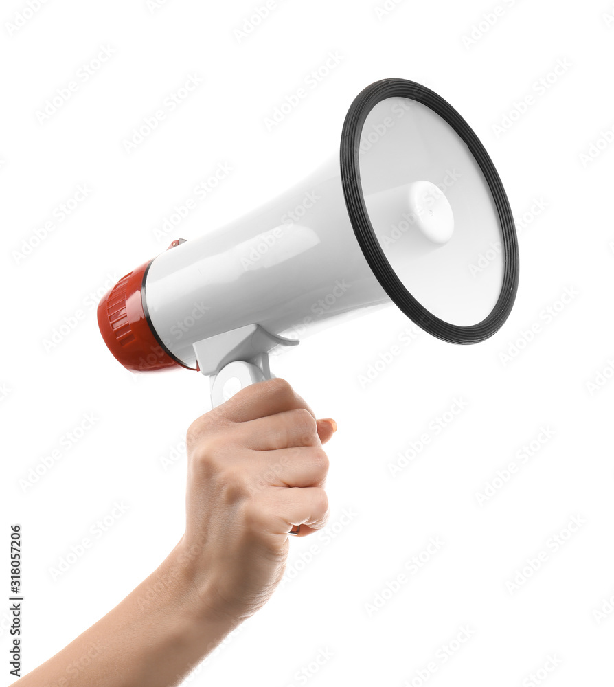 Female hand with megaphone on white background