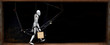 Wood marionette or puppet with Suitcase waking ,background color black.