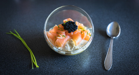 verrine salmon lumpfish egg fresh cheese and avocado bed