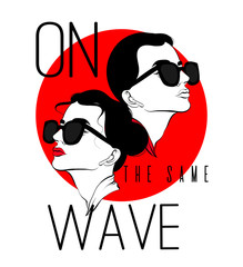 Wall Mural - On the same wave. Vector hand drawn illustration of woman  and man with wireless headphones isolated. Template for card, poster, banner, print for t-shirt, pin, badge, patch.