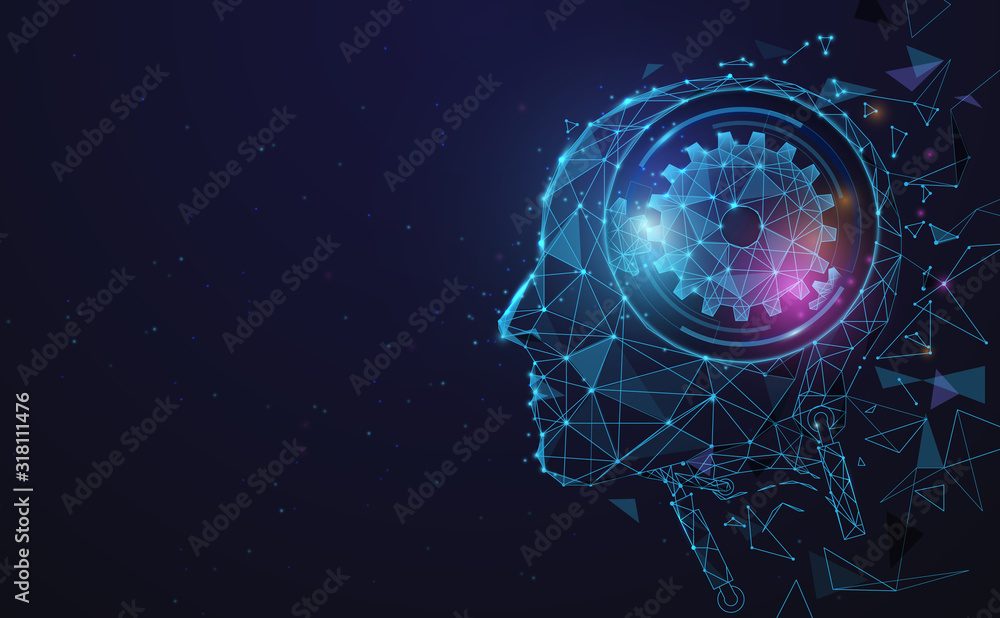AI, Artificial intelligence. Ai digital brain. Robotics concept. Human face made from polygon. Illustration vector - obrazy, fototapety, plakaty 