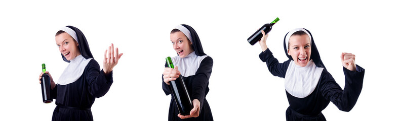 Wall Mural - Nun with bottle of red wine