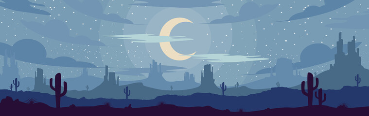 Leinwandbilder - Vector illustration of Western Texas desert panoramic view on night time with mountains, cactus with star and moon on the sky in flat cartoon style