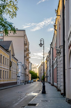 Moscow Street In Quiet Historical City Center (Kremlin Star In  Background)