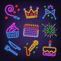 Wall Mural - birthday party neon signboard icons