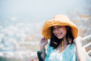 Woman relax at landscape viewpoint on mountain