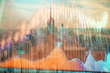 Poster - Forex graph on city view with skyscrapers background double exposure. Financial analysis concept.