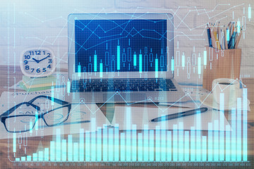 Multi exposure of chart and financial info and work space with computer background. Concept of international online trading.