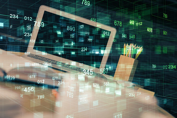 double exposure of desktop computer and technology theme hologram. concept of software development.