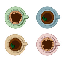 Set of coffee and tea cups beverages. Mugs of tea and coffee doodles. Hand drawn cartoon style collection of flat drinks