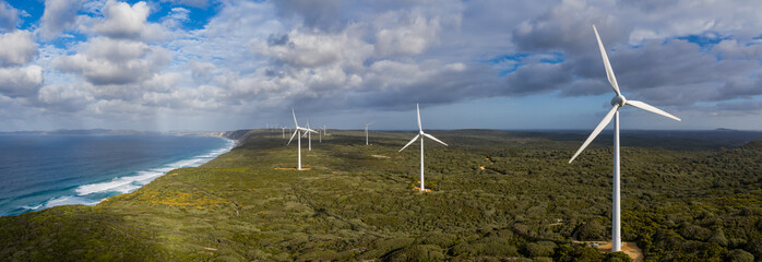 Panoramic aerial view of the Albany wind farm, originally commissioned in 2001, it now cosists of 18 turbines producing 80 per cent of the electricity requirements of Albany