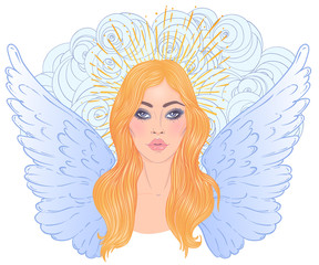 Wall Mural - Magic night fairy. Hand drawn portrait of a beautiful shaman girl with angel wings. Alchemy, religion, spirituality, occultism, tattoo art. Isolated vector illustration. Coloring book page for adults