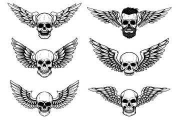 Canvas Print - Set of illustrations of winged skull isolated on white background. Design element for poster, card, banner, sign. Vector illustration