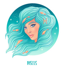 Wall Mural - Illustration of Pisces astrological sign as a beautiful girl. Zodiac vector illustration isolated on white. Future telling, horoscope, alchemy, spirituality, occultism, fashion woman.