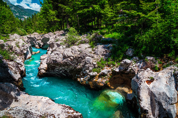 Poster - Emerald color Soca river with spectacular rocky canyon, Bovec, Slovenia