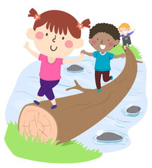 Wall Mural - Kids Across Stream Tree Trunk Illustration