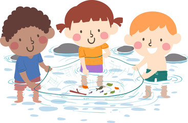 Wall Mural - Kids Stream Water Catch Fish Illustration