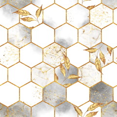 Fototapeta Marble hexagon seamless texture with golden leaves. Abstract background