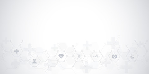 Wall Mural - Abstract medical background with flat icons and symbols. Template design with concept and idea for healthcare technology, innovation medicine, health, science and research.