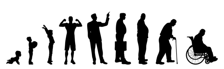 Vector silhouette of man in different age on white background. Symbol of generation from child to old person.