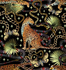  Tropical seamless pattern with chains, leopard, snake and tropical leaves. Baroque luxury background