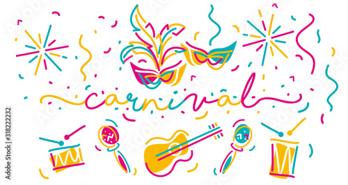 Cuadros en Lienzo Carnival handwritten typography colorful line design carnival elements and music