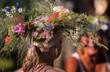 summer solstice wreath on head, handmade, individual parts in focus, summer day