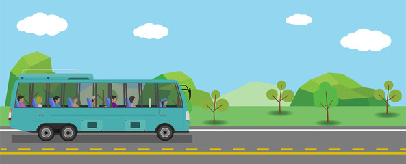 Transportation of bus takes passengers on the roads in areas far from the city. With a beautiful natural environment.