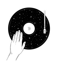 Cosmic Fantasy Hand Drawn Line Art With Abstract Vinyl Record And Human Hand. Space Vector Illustration For T-shirt, Coloring Book, Tattoo, Postcard.