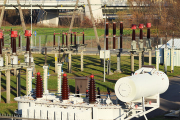 High voltage power transformer substation. Electrical station