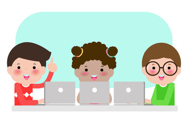 Pupils study in the classroom with laptop and tablet pc, Happy children sitting at laptops and learning school lesson, Kids using gadgets during lesson at primary school. Vector illustration