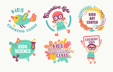 Big Icons Set Kids Art Center, Creative Class, Science Banners or Badges Isolated on White Background. Primitive Style Characters Design Elements with Typography, Logo Cartoon Flat Vector Illustration