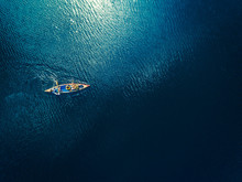 Directly Above View Of People Rowing Boat In Sea