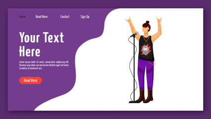 Wall Mural - Rock band singer landing page vector template. Vocalist website interface idea with flat illustrations. Musician homepage layout. Music group member web banner, webpage cartoon concept